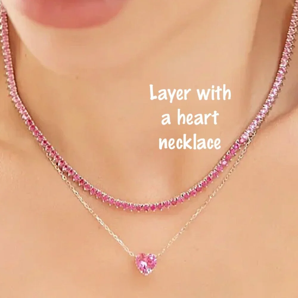 3mm Pink Simulated Sapphire Diamondette Ombré Tennis Necklace - Picture 2 of 10